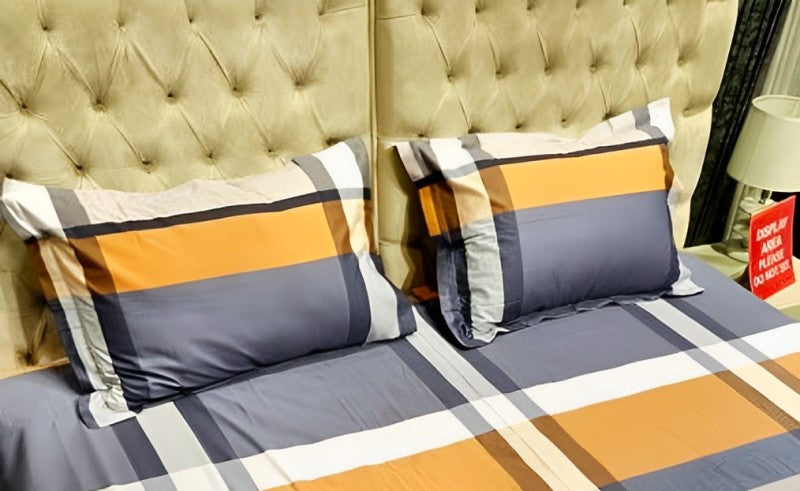 Blue Check King Size Double Bed Elastic Fitted Premium Bedsheet